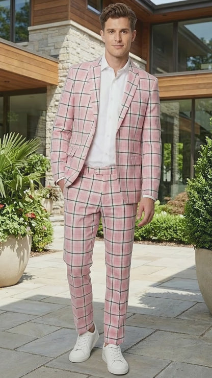 Mens Pink and Black Plaid Designer Suit Set – Stylish Suit with Check Pattern Jacket and Windownpane Summer Color