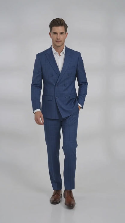 Men’s Royal Blue Plaid Double-Breasted Suit – 1920s Gangster Windowpane Wedding and Formal Suit