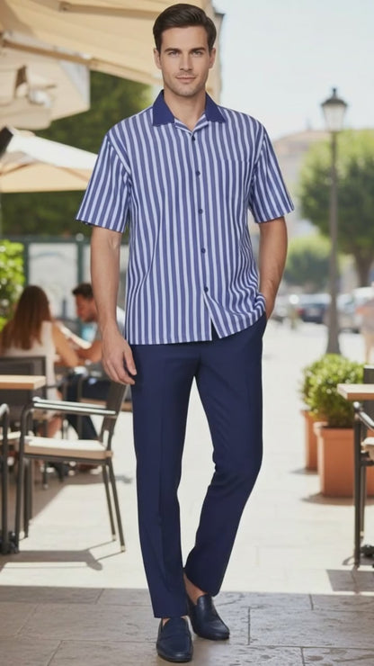 Mens Blue and White Vertical Stripe Short Sleeve Shirt Set  Casual Summer Two-Piece Outfit