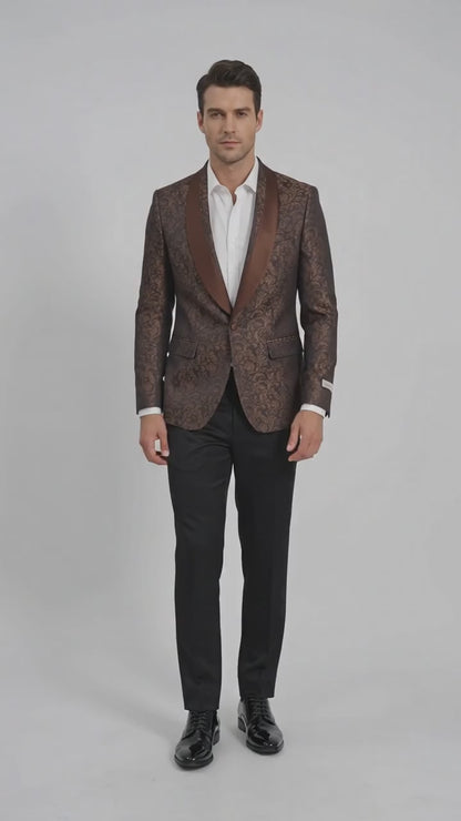 Men’s Light Brown Paisley Tuxedo Jacket, Wedding Prom Dinner Blazer with Satin Shawl Lapel