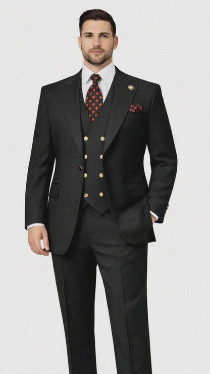 Rossiman Brand Black Suits - 1 Button Suit Peak Lapel Double Breasted Vest