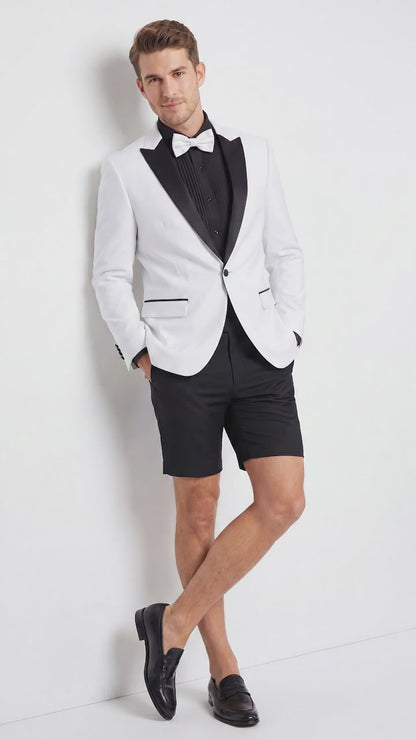 Men’s White and Black Tuxedo Suit with Shorts – Modern Formal Blazer and Short Pants Set for Wedding, Prom Suit