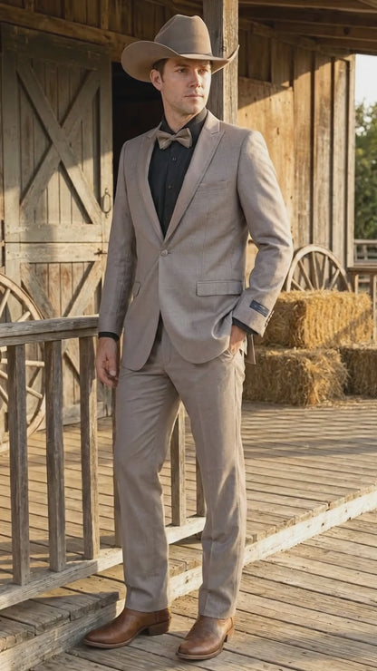 Men’s Light Taupe Western Tuxedo Suit – Cowboy Style Formal Blazer and Pants Outfit in Khaki Tan Light Brown Color