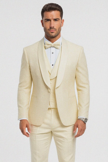 Ivory Groom Tuxedo with Floral Lace Vest  Luxury Mens Wedding Attire