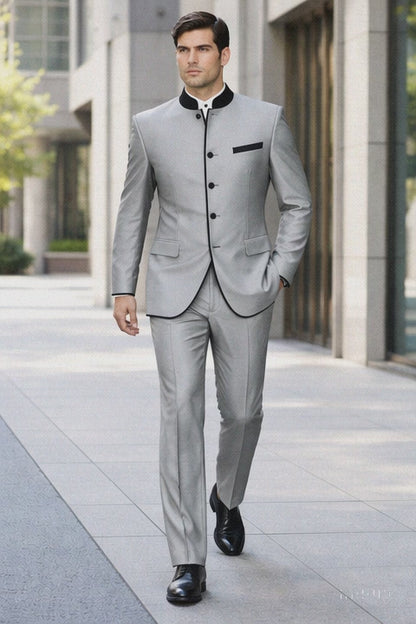 Mens 4 Button Mandarin Suit in Sharkskin Silver Grey with Black Trim