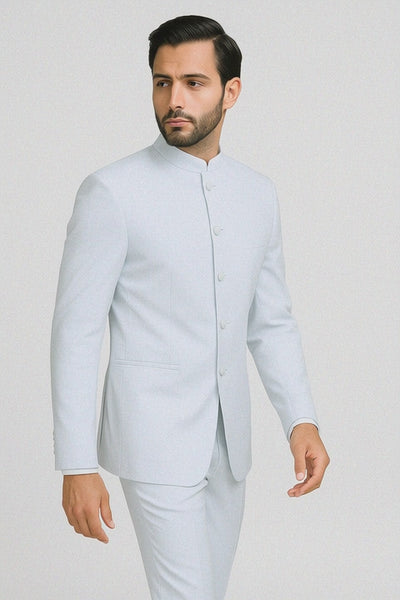 Mens 5 Button Mandarin Collar Tuxedo Suit in White