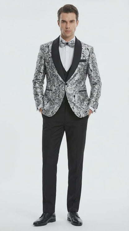 Mens Black and Silver Floral Tuxedo – Luxury Patterned Wedding, Prom and Formal Dinner Tuxedo