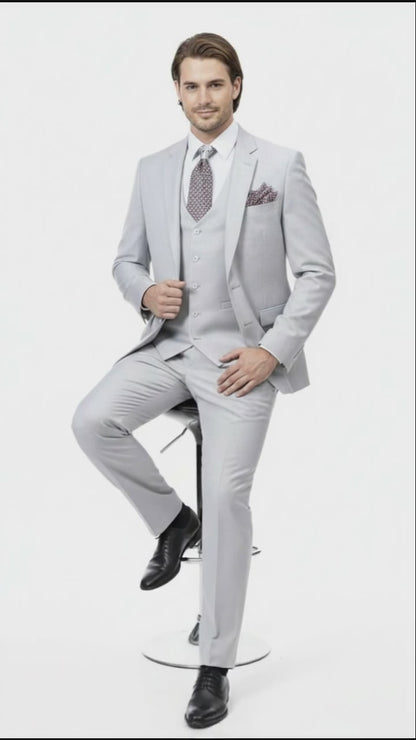 Mens Very Light Gray Three-Piece  Wedding Suit 2 Buttons Modern or Slim Fit  Ash Bone Color Steel Grey
