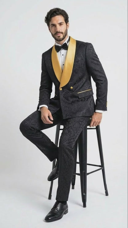 Mens Black and Gold Jacquard Tuxedo Suit  Luxury Slim Fit Formal Wedding, Prom, and Gala Outfit