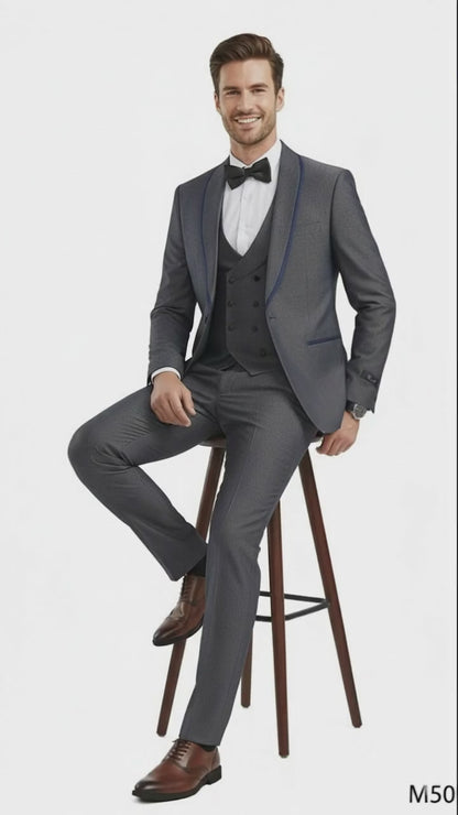 Mens Charcoal Gray with blue Trim Slim Fit 3-Piece Suit  Modern Wedding and Business Formal Tuxedo Set