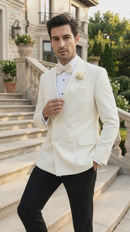 Men’s Ivory Double Breasted Dinner Jacket, Peak Lapel Formal Wedding Prom Tuxedo Blazer in cream off white color