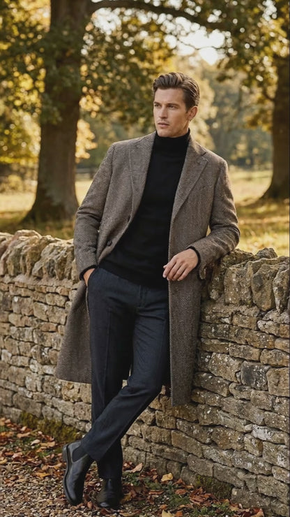 Mens Black & Grey  Herringbone Tweed Wool Blend Overcoat  Classic Single-Breasted Winter Blazer Carcoat