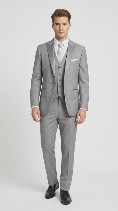 Men’s Light Grey Vested Tuxedo with One Button Jacket, Peak Lapel and Matching Pants