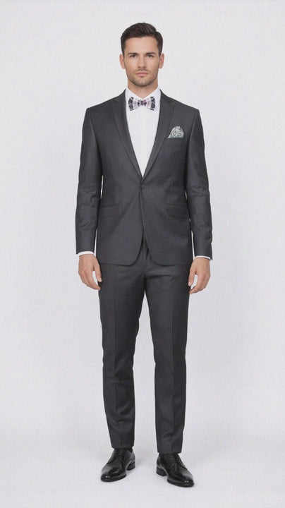 Rossiman Men's Slim Fit Gray Wool Suit ?? 1-Button Peak Lapel Jacket & Tapered Low-Rise Pants