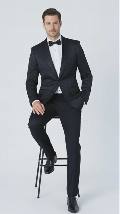 Mens Black Textured Paisley floral Tuxedo Suit  Premium Slim Fit Formal Wedding, Prom, with Bowtie