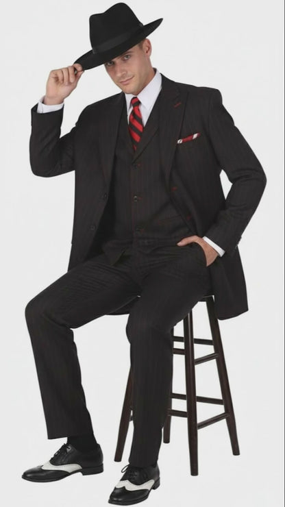Mens Black and Red Pinstripe Zoot Suit  1920s Gangster Vintage 3-Piece Suit for Formal, Prom, and Themed Events