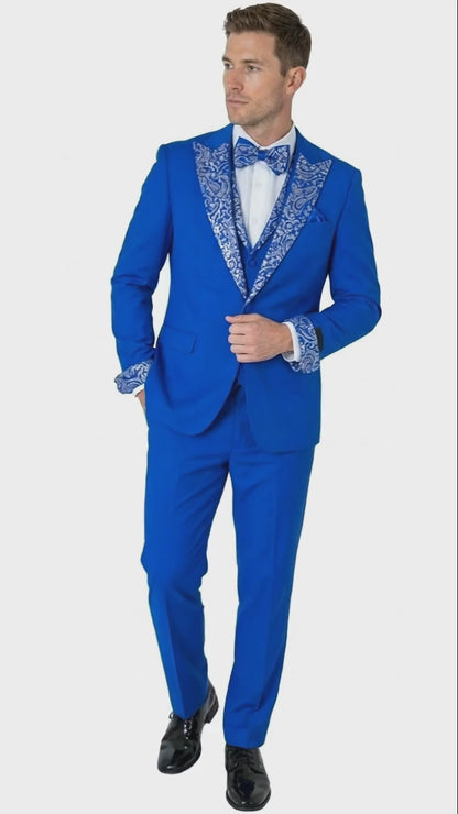 Mens Bright Royal Blue and White lapel  Embellished Tuxedo Suit   3-Piece Formal Wedding, Prom, and Gala Outfit