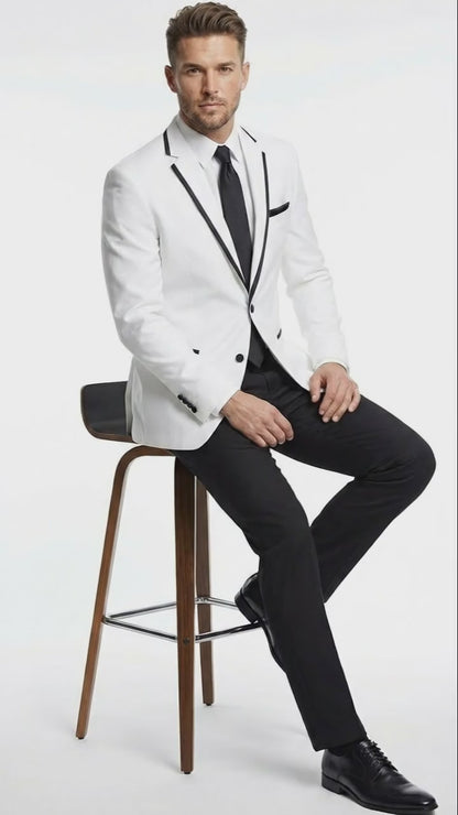 Men’s White Blazer with Black Trim | Wedding and Party Formal Blazer Jacket - White Tuxedo Prom Jacket