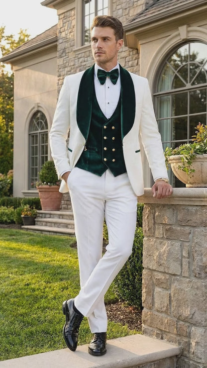 Men’s White and Green Tuxedo Wedding Suit with Shawl Lapel, Velvet Vest and Pants