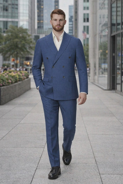 Mens Blue Wool Tiglio Double Breasted Suit – Classic Peak Lapel Suit