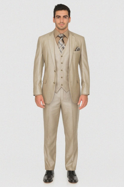 Mens Three Piece Suit - Vested Suit Mens fabric Satin Lined Metallic looking Vested 3 Piece Beige Suit