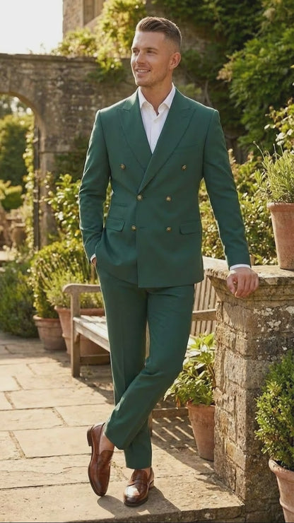 Vitali Brand Men’s Emerald Green Double Breasted Suit – Modern Fit Side Vented