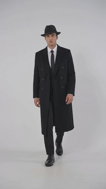 Men’s Godfather Black Double-Breasted Long Overcoat – Vintage Mobster Gangster Coat