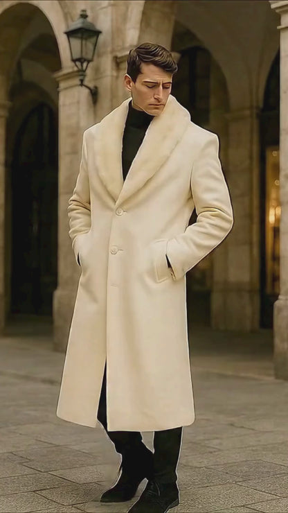 Mens Ivory Full-Length Overcoat with Luxurious Faux Fur Shawl Collar  Winter Dress Coat