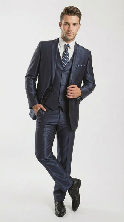 Men’s Navy Blue Sharkskin 3 Piece Suit – Two Button Vested Shiny Formal Suit for Wedding, Prom, Business and Party Wear