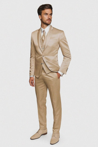 Mens Shiny Blazer - Tan Sateen Vested Suit