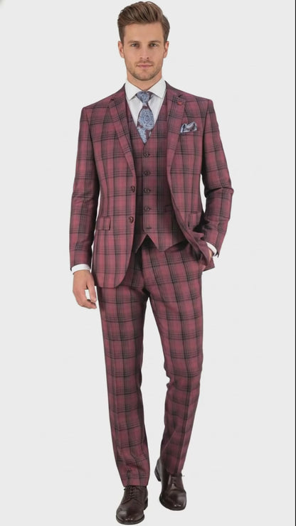 Mens Red Burgundy Plaid 3-Piece Suit  Classic Checkered Modern Fit Suit for Weddings, Church and Formal Events