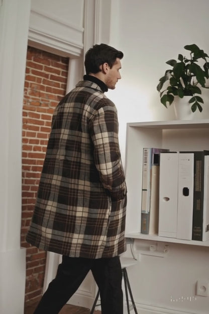 Plaid Wool Overcoat  Brown & Camel Mixed Color Topcoat