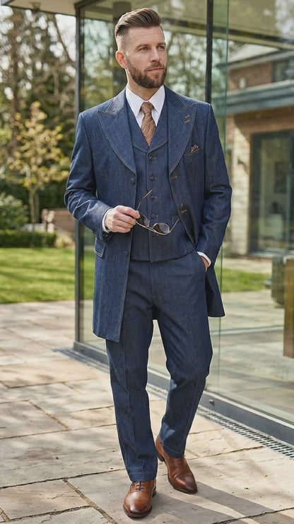Men’s Blue Denim Zoot Suit, Long Vested Vintage Jeans Style Formal Suit Set