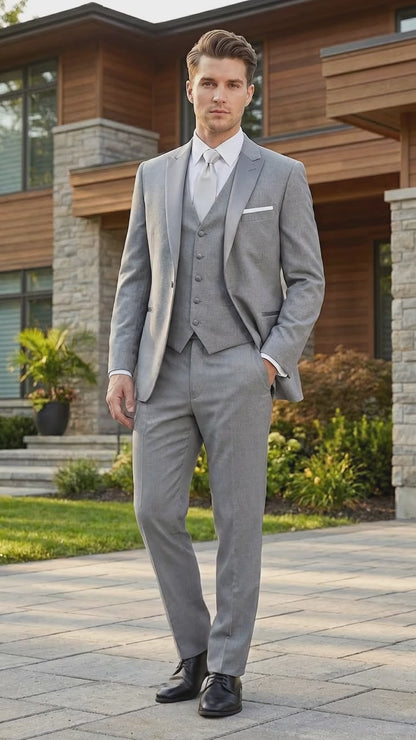 Men’s Light Grey Vested Tuxedo with One Button Jacket, Peak Lapel and Matching Pants