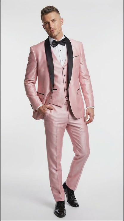 Men’s Blush Pink Shiny 3 Piece Suit with Black Shawl Lapel | Light Pink Prom Suit Sharkskin Fabric - Ultra Slim Fit