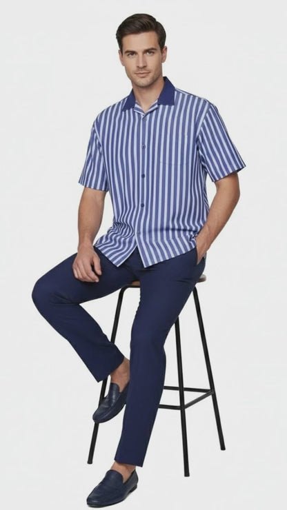 Mens Blue and White Vertical Stripe Short Sleeve Shirt Set  Casual Summer Two-Piece Outfit