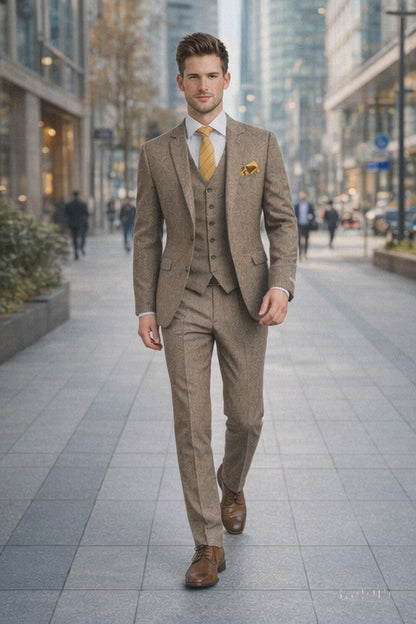 Tweed Herringbone Brown ~ Coffee  Herringbone 2 Button Slim Fitted Tapered Vested Suit Ves