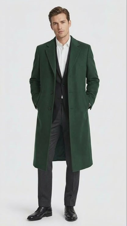 Mens Hunter Green Full-Length Wool Overcoat  Classic Winter Dress Coat for Formal and Casual Wear Topcoat Mens Wintercoat