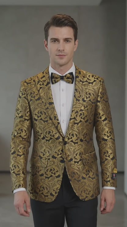 Men’s Gold Paisley Dinner Jacket Blazer – Fancy Formal Wedding Prom Party Tuxedo Jacket