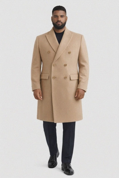 Men's Wool And Cashmere Double Breasted Long Overcoat Beige ~ Camel Three Quarter Winter Men's Topcoat Sale