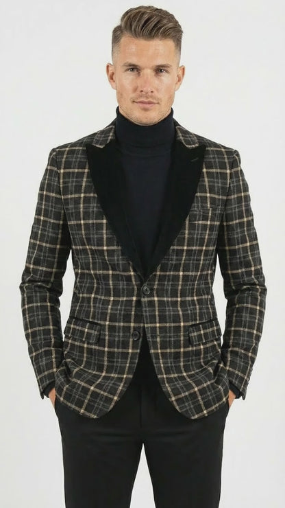 Mens Tartan Black and Gold Check Blazer – Windowpane Plaid Sport Coat Velvet Lapel Formal Party Jacket Chirsitmas New Year Holiday Jacket