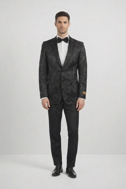 Mens 2 Button Black Shiny Floral Paisley Prom and Wedding Blazer