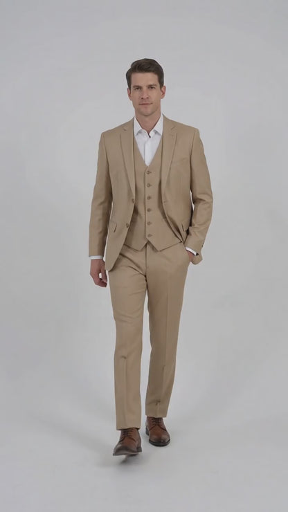 Men’s Camel Khaki Bronze Sharkskin 3-Piece Suit – Modern Wedding, Business and Formal Suit with Matching Vest