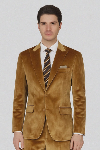 Gold Velvet Blazer and Pants Set  Tazzio 2-Piece Slim Fit Formal Suit for Men