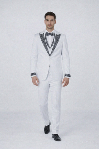 White Tuxedo with Crystal Stones  Peak Lapel 4-Piece Suit