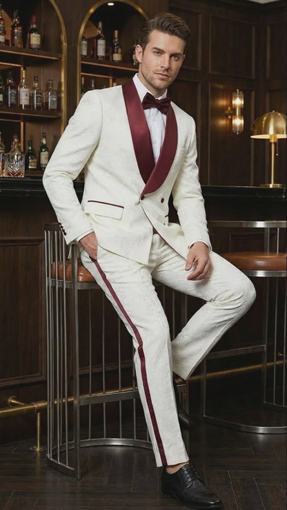 Mens Ivory and Burgundy Jacquard Tuxedo Suit  Luxury Slim Fit 3-Piece Formal Wedding, Prom, and Gala Outfit in Cream Off White Color