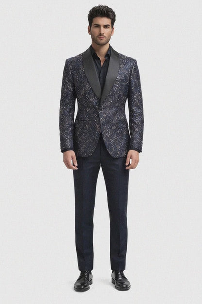 Mens Navy Blue Sequin Tuxedo Jacket with Black Satin Shawl Lapel  Luxury Prom and Wedding Blazer