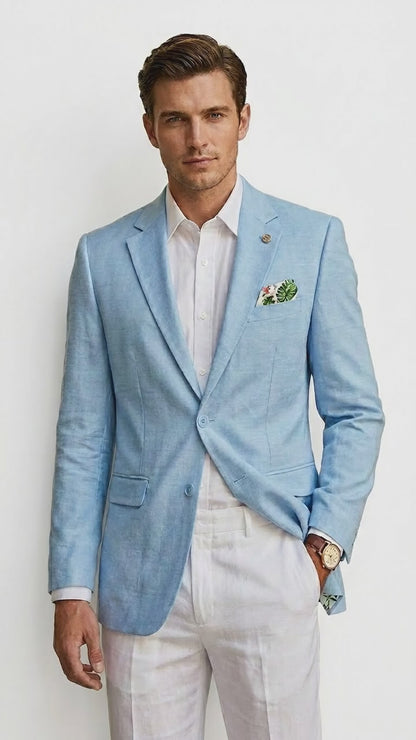 Men’s Sky Blue Linen Style Summer Blazer with Two Button Front, Lightweight Wedding Sport Coat