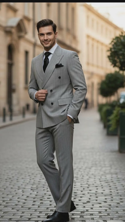 Mens Grey and Black Pinstripe Double-Breasted Suit  1920s Gangster Vintage Looking suit By Rossiman