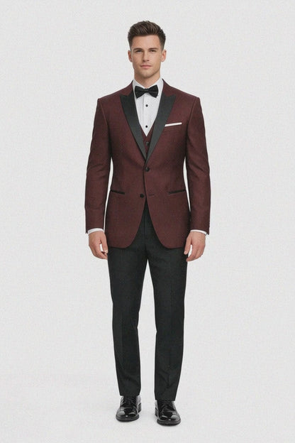 Mens Designer Marbella One Button Peak Tuxedo in Burgundy
